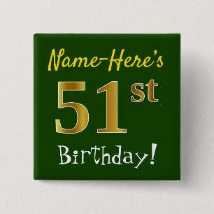 Macaron Carré 5 Cm Vert, Faux Gold 51ème Anniversaire, Avec Nom Perso