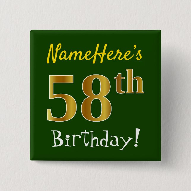 Macaron Carré 5 Cm Vert, Faux Gold 58e anniversaire, avec nom personn (Devant)