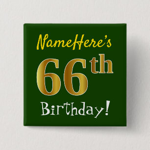 Macaron Carré 5 Cm Vert, Faux Gold 66e anniversaire, avec nom personn