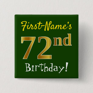 Macaron Carré 5 Cm Vert, Faux Gold 72e anniversaire, avec nom personn