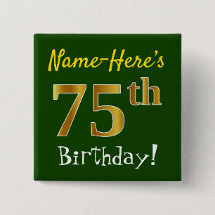 Macaron Carré 5 Cm Vert, Faux Gold 75e anniversaire, avec nom personn