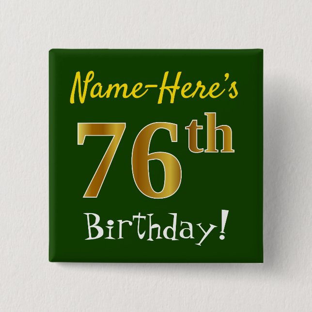 Macaron Carré 5 Cm Vert, Faux Gold 76e anniversaire, avec nom personn (Devant)