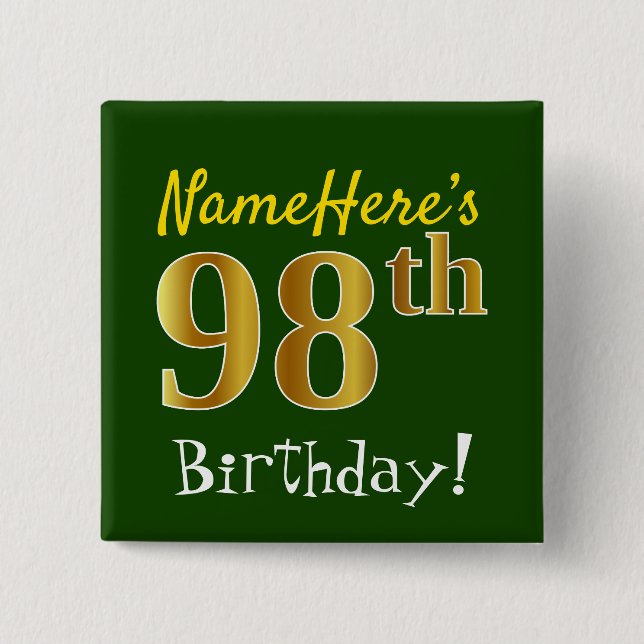 Macaron Carré 5 Cm Vert, Faux Gold 98e anniversaire, avec nom personn (Devant)
