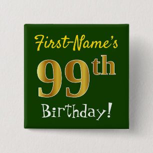 Macaron Carré 5 Cm Vert, Faux Gold 99e anniversaire, avec nom personn