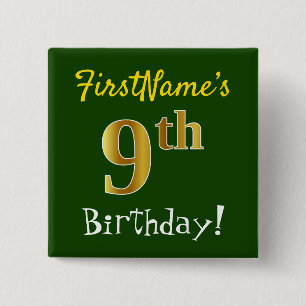 Macaron Carré 5 Cm Vert, Faux Gold 9e anniversaire, avec nom personna