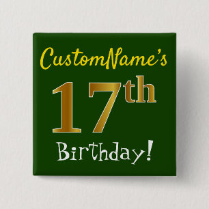 Macaron Carré 5 Cm Vert, Faux Or 17ème Anniversaire, Avec Nom Personn