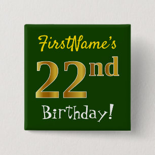 Macaron Carré 5 Cm Vert, Faux Or 22e Anniversaire, Avec Nom Personnal