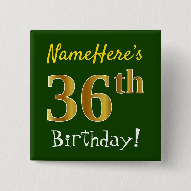 Macaron Carré 5 Cm Vert, Faux Or 36e Anniversaire, Avec Nom Personnal (Devant)