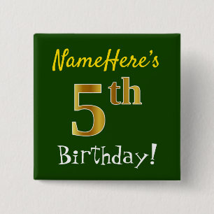 Macaron Carré 5 Cm Vert, Faux Or 5e Anniversaire, Avec Nom Personnali
