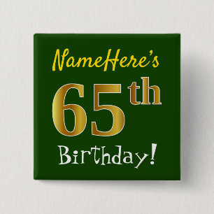 Macaron Carré 5 Cm Vert, Faux Or 65e Anniversaire, Avec Nom Personnal
