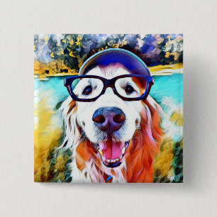 Macaron Carré 5 Cm Vibrant Golden Retriever Nerd lunettes Peinture