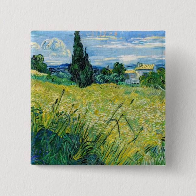 Macaron Carré 5 Cm Vincent van Gogh - Champ de blé vert avec Cypress (Devant)