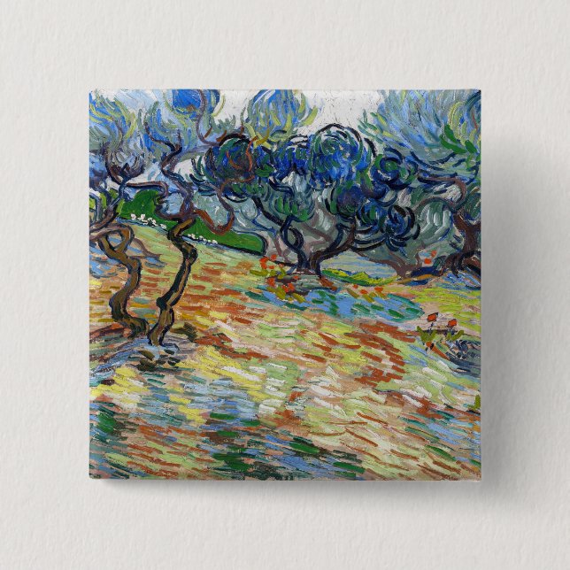 Macaron Carré 5 Cm Vincent van Gogh - Oliviers : Ciel bleu vif (Devant)