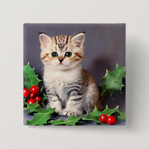 Macaron Carré 5 Cm Vintage Christmas Kitten et Holly