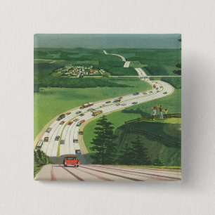 Macaron Carré 5 Cm Vintage Pittoresque American Highways, Cars Road T