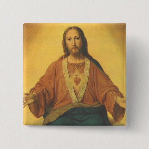 Macaron Carré 5 Cm Vintage Religion, Sacré Cœur de Jésus-Christ