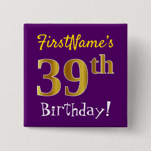 Macaron Carré 5 Cm Violet, Or Faux 39e Anniversaire, Avec Nom Personn