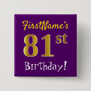 Macaron Carré 5 Cm Violet, Or Faux 81e Anniversaire, Avec Nom Personn