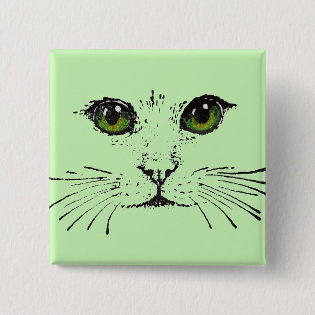 Macaron Carré 5 Cm Visage d'un chat long Whiskers brillants yeux vert (Devant)