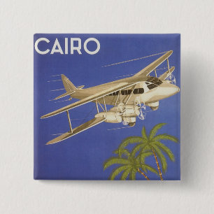Macaron Carré 5 Cm Voyage Vintage vers Le Caire, Égypte, Avion Biplan