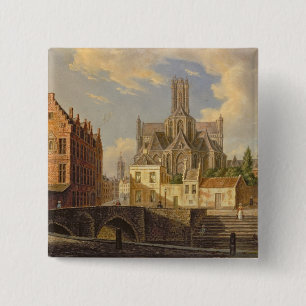 Macaron Carré 5 Cm Vue de ville avec la figure pêche dans un canal