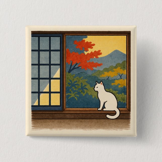 Macaron Carré 5 Cm Wa – Quiet Window with White Cat (Devant)