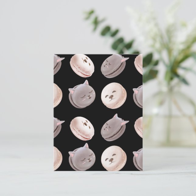 Macaron Parade – Kitty & Puppy Seamless Pattern Announcement Postcard (Standing Front)