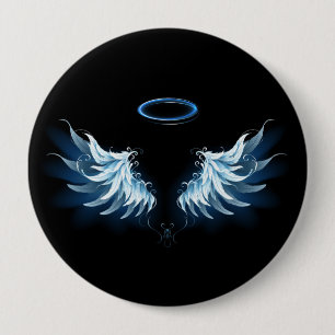 Macaron Rond 10 Cm Ailes d'ange lumineuses bleues sur fond noir
