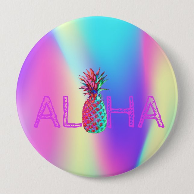 Macaron Rond 10 Cm Aloha Hawaiian Ananas Holographique (Devant)