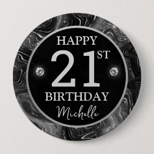 Macaron Rond 10 Cm Anniversaire Argent Paillettes Marbre Noir Élégant