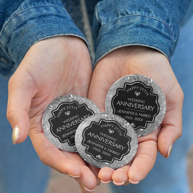 Macaron Rond 10 Cm Anniversaires de Silver & Black 25th Wedding (Créateur téléchargé)