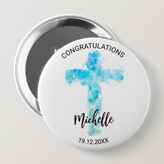 Macaron Rond 10 Cm Aquarelle bleue Croix chrétienne Baptême (Devant & derrière)