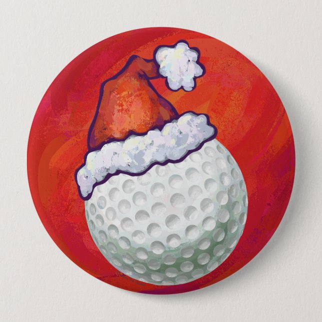 Macaron Rond 10 Cm Bal de golf à Santa Hat sur Red (Devant)