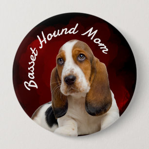 Macaron Rond 10 Cm Basset Hound Mom with red background Button