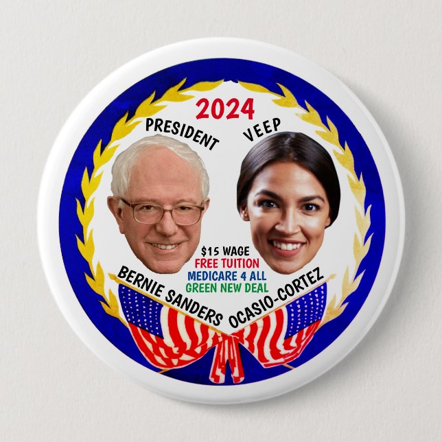 Macaron Rond 10 Cm Bernie Sanders / Bouton AOC 2024 (Devant)