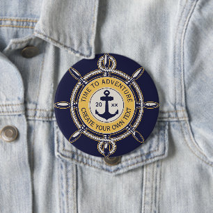 Macaron Rond 10 Cm Bleu marine Ancre nautique et aventure de la roue 