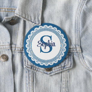 Macaron Rond 10 Cm Bleu Nuit Élégant Blanc Broderie Monogramme Nom