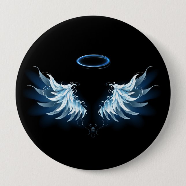 Macaron Rond 10 Cm Blue Glowing Angel Wings on black background (Devant)