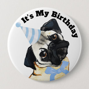 Macaron Rond 10 Cm Bouton d'anniversaire de chien Pug