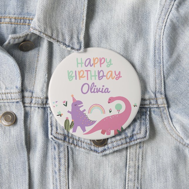 Macaron Rond 10 Cm Bouton d'anniversaire rose fille Dinosaur heureux (En situation)