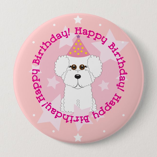 Macaron Rond 10 Cm Bouton de joyeux anniversaire de Bichon Frise (Devant)