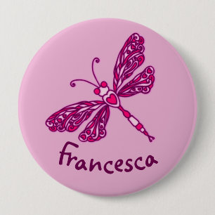 Macaron Rond 10 Cm Bouton de nom de l'art de la libellule rose stylis