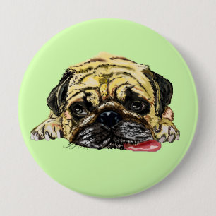 Macaron Rond 10 Cm Bouton drôle avec chien Carlin - Couleurs personna