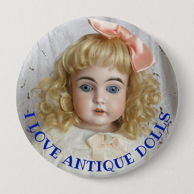 Macaron Rond 10 Cm Bouton I Love Antique Poupées 4" (Devant)