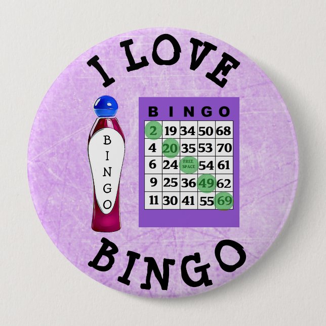 Macaron Rond 10 Cm Bouton I Love BINGO Purple Cards (Devant)