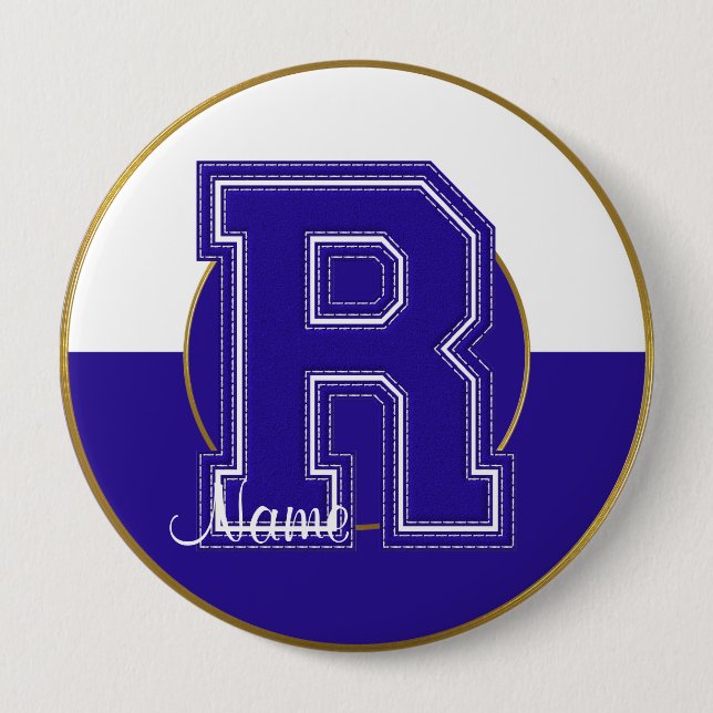 Macaron Rond 10 Cm Bouton monogramme de l'école, Lettre bleu-blanc R (Devant)