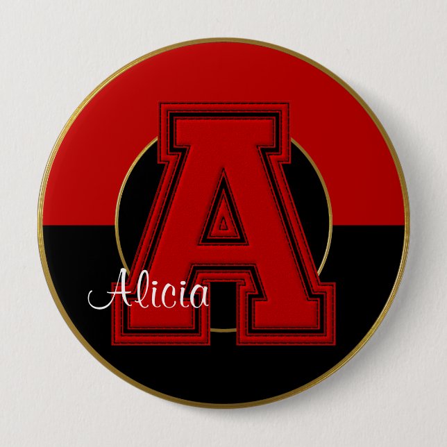 Macaron Rond 10 Cm Bouton monogramme de l'école, Lettre rouge-noire A (Devant)