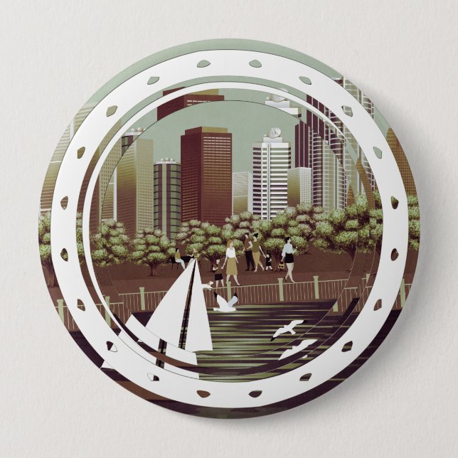 Macaron Rond 10 Cm Bouton paysage urbain (Devant)
