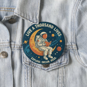 Macaron Rond 10 Cm Bouton "Vivez mille vies" de l'astronaute vintage