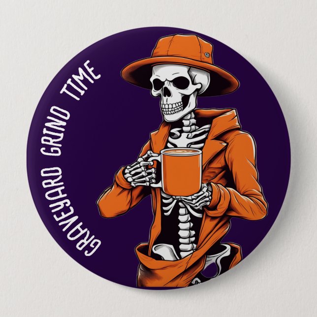 Macaron Rond 10 Cm Boutons d'Halloween, cimetière heure squelette (Devant)